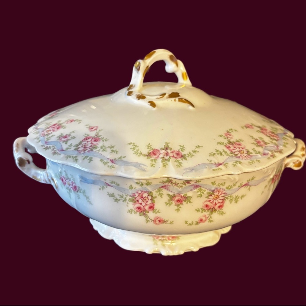 Antique Limoges Elite Works Hand Painted Floral Porcelain Soup Tureen 8” France